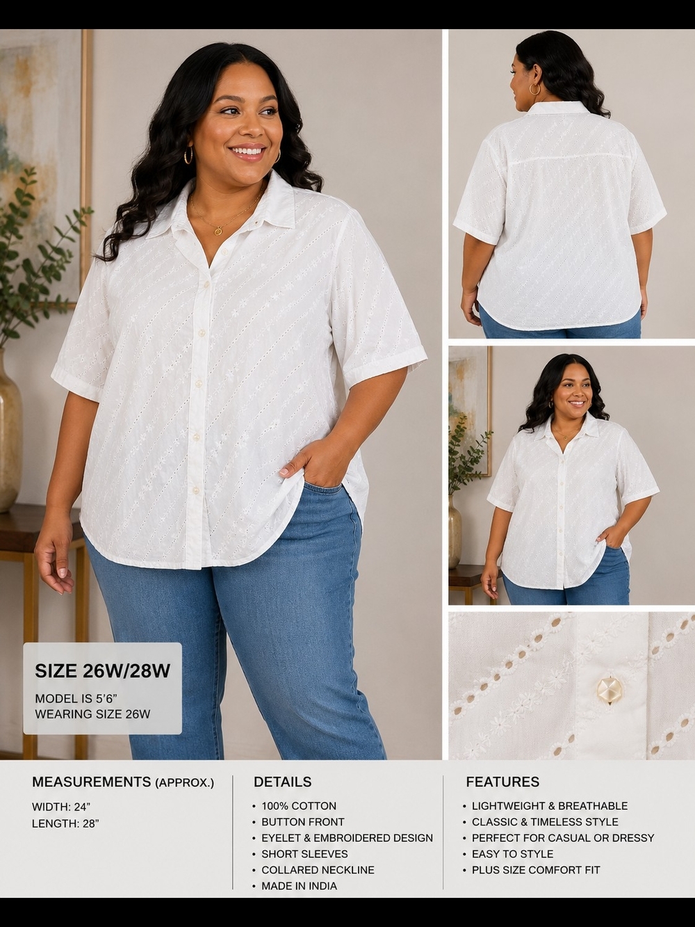 Vintage Blair Women’s 26W 28W White Eyelet Embroidered Button Front Blouse Plus